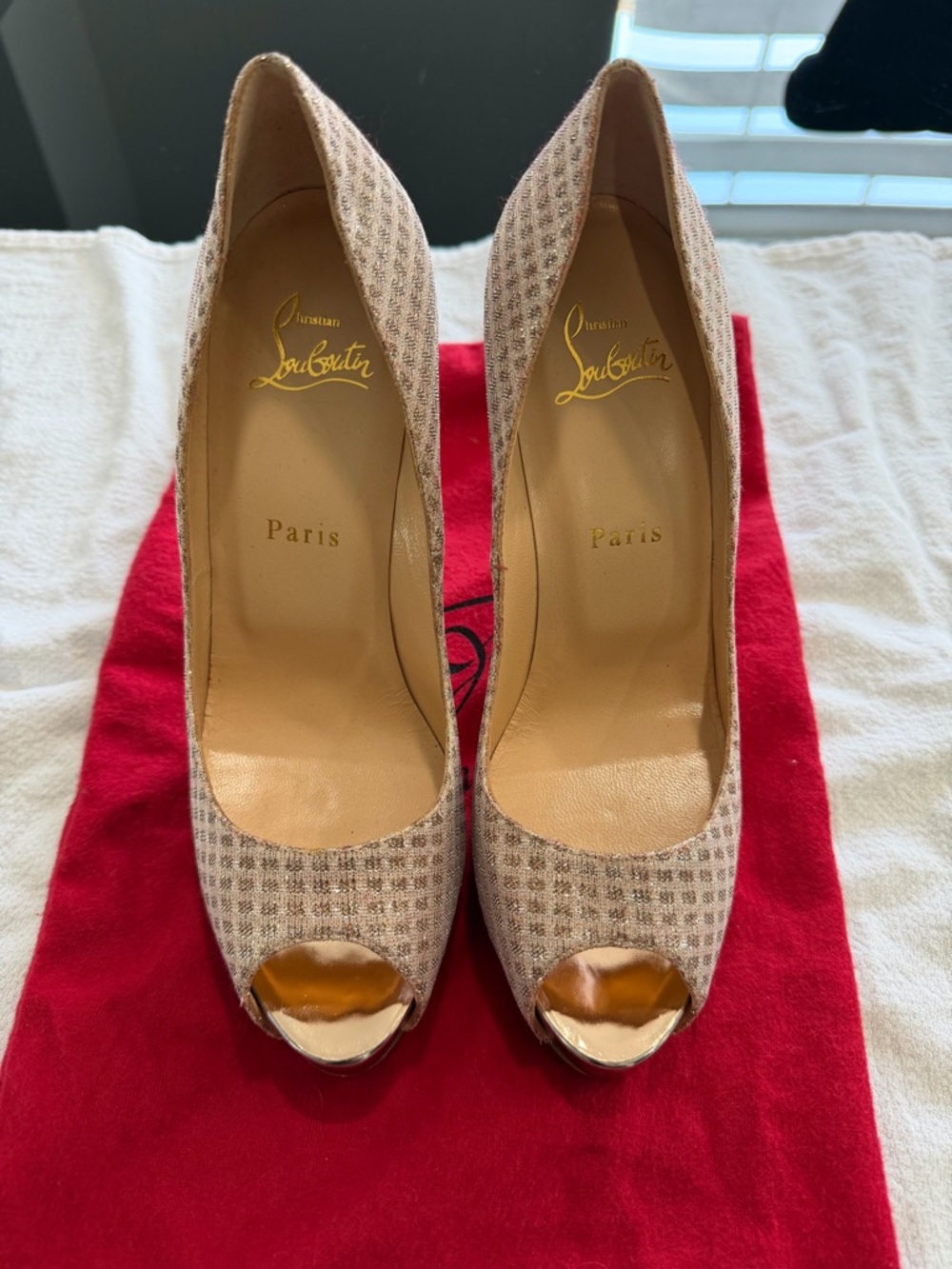 Christian Louboutin Beige Tweed Peep-Toe Pumps with Gold Toe Caps